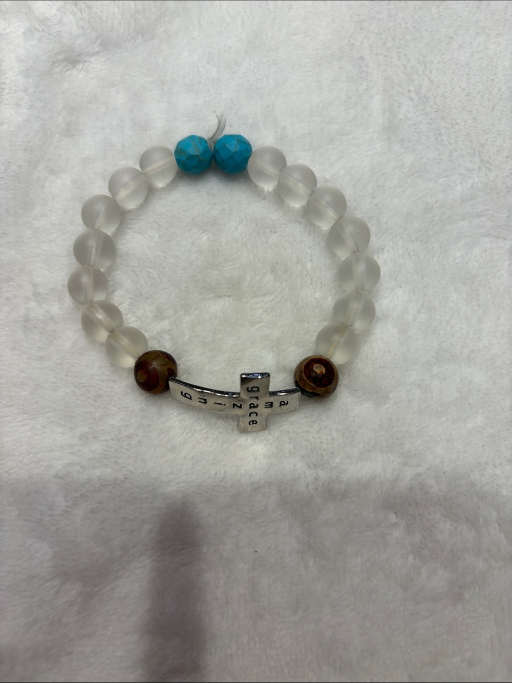 Silver Cross Beaded Stretch Bracelet with Frosted White and Turquoise Accents